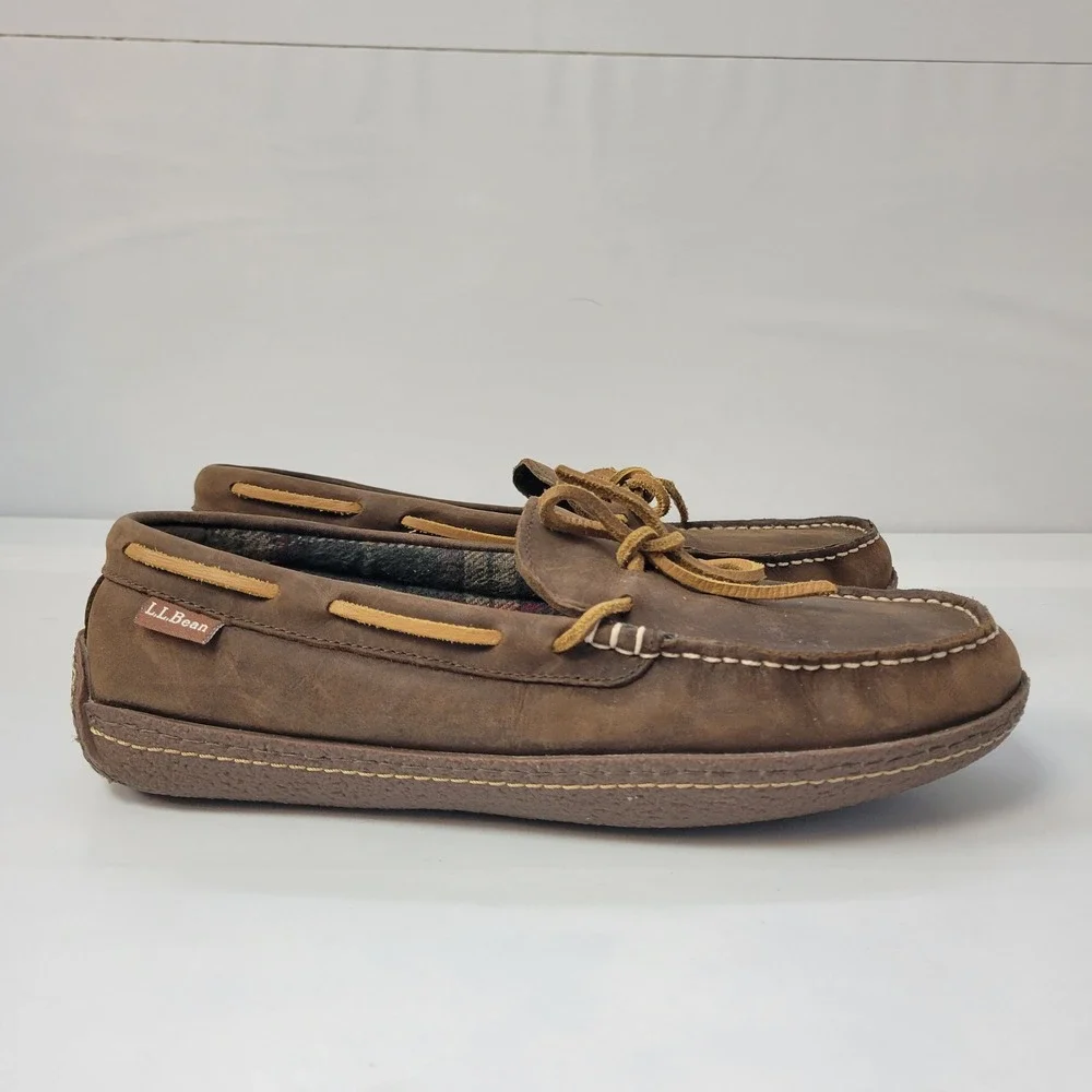 LL Bean Mens Brown‎ Leather Moccasin Slippers Cozy Plaid Lined Size 9